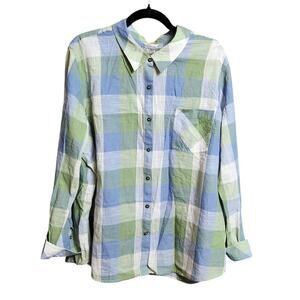 Natural Reflections Women’s Blue Green Plaid Button-Up Shirt XXL NWT